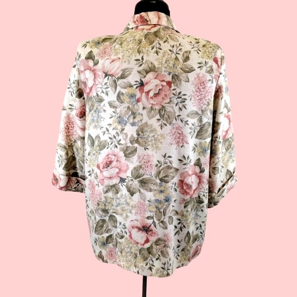 Joanna Sport Women Jacket Beige Floral Boyfriend Blazer Size Medium Vintage Rose - Picture 2 of 12